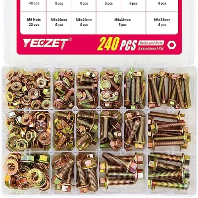 Abbildung von YEEZET 240 Stück M5 M6 M8 Flanschschrauben und Flanschmuttern aus verzinkt 8.8 Sechskantschrauben &amp; Muttern Sortiment kit