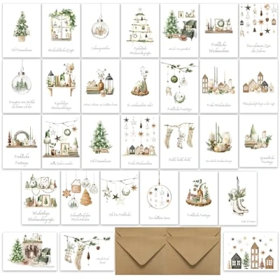 Abbildung von Weihnachtskarten mit Umschlag Set 30 Gemütliche und traditionelle Weihnachten Klappkarten Weihnachtsgrußkarten