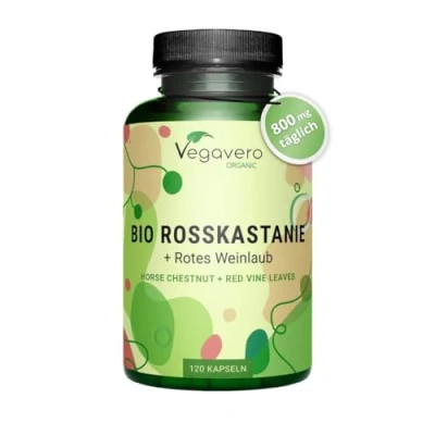 Abbildung von ROSSKASTANIENEXTRAKT Kapseln Vegavero® 100% BIO 800 mg Extrakt mit Weinlaub &amp; Acerola Vitamin C Preis Leistungssieger 2024* Aescin Polyphenole 120 Venen Vegan Ohne Zusätze