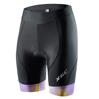 Abbildung von XGC Damen Kurze Radlerhose und Radunterhose Radsportshorts Fahrradhose für Frauen elastische 4D Schwamm Sitzpolster mit einer hohen Dichte (L, Black_Purple)