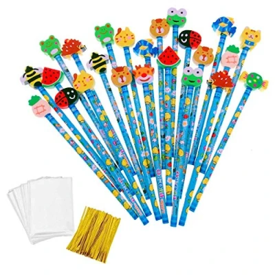 Abbildung von JZK 24x Blau Schule HB Stifte Set Bleistifte mit Radiergummi von Tiere Blumen Sonne Schmetterling etc für Geburtstag Mitgebsel Geschenk Kinder Party Gastgeschenk