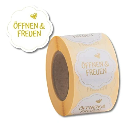 Abbildung von Geschenkaufkleber Öffnen und Freuen 500 Stück d40mm blumenförmige Etiketten auf Rolle, Weiß/Gold