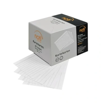 Abbildung von Karteikarten A7, 105 x 74mm liniert, weiß, 400 Stück in praktischer Spenderbox, für Vokabeln, als Lernkarten, Moderationskarten, Büro und Schule 180g/m²