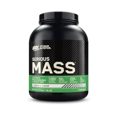 Abbildung von Optimum Nutrition Serious Mass hochkalorisches Proteinpulver für Masseaufbau mit 25 Vitaminen und Mineralien, Kreatin Glutamin, Cookies &amp; Cream Geschmack, 8 Portionen, 2,73 kg