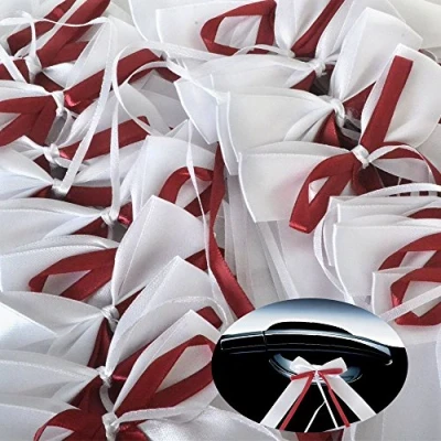 Abbildung von Yulakes 50pcs Weiss &amp; Bordeaux Autoschleifen aus Satin Hochzeit Antennenschleifen Dekoration für Hochzeit,Hochzeit Deko, Autoschmuck 12x22cm