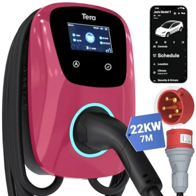 Abbildung von Tera EV Ladegerät Smart APP: 32A Typ 2 22kW oder 11kW Heim Ladestation 400V CE &amp; TÜV Wallbox 7m Ladekabel mit Ladegerätehalter App Steuerung CEE 3 Phasen Stecker für Alle EVs und PHEVs W01 Magentarot