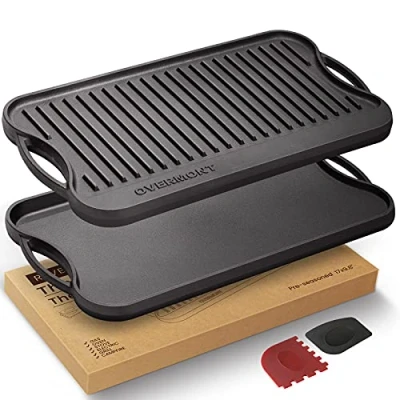 Abbildung von OVERMONT Gusseisenplatte Grillplatte Gusseisen Doppelseitiger Grill mit Griffen 43,2 x 24,9 cm für BBQ Ofen Herd Holzkohlegrill Gasgrill