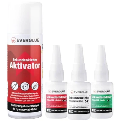 Abbildung von Everglue Sparset Sekundenkleber lange Haltbarkeit dünn + mittel dick à 20g Aktivator 200ml Industriekleber extra stark für universelle Reparatur und Instandsetzung in Hobby Beruf Haushalt