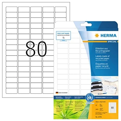 Abbildung von HERMA 10701 Recycling Etiketten, 20 Blatt, 35,6 x 16,9 mm, 80 pro A4 Bogen, 1600 Stück, selbstklebend, bedruckbar, matt, blanko Papier Klebeetiketten Aufkleber, natur weiß