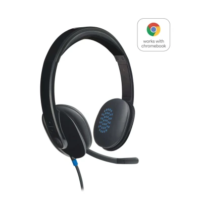 Abbildung von Logitech H540 Kopfhörer mit Mikrofon, Stereo Headset, Verstellbares Mikrofon Rauschunterdrückung, Integrierte Equalizer, Bedienelemente am Ohr, Stummschaltungsanzeige, USB Anschluss Schwarz