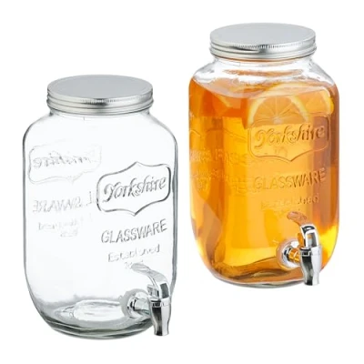 Abbildung von Relaxdays Getränkespender 2er Set, Limobehälter 3,5L, Zapfhahn und Deckel, Wasserspender, Glas &amp; Kunststoff transparent