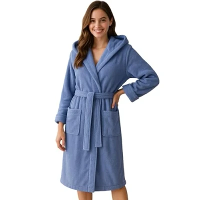 Abbildung von Morgenstern Bademantel Damen Frottee Baumwolle mit Kapuze lang Jeans Blau Gr. L