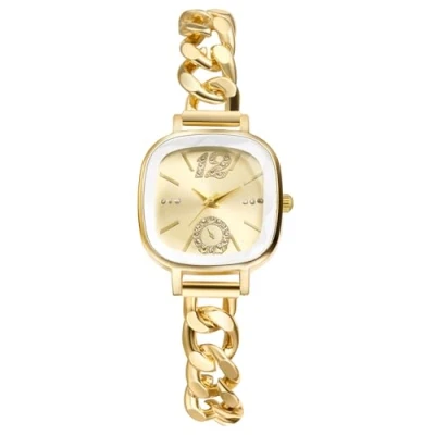 Abbildung von JewelryWe Damenuhr Kleine Quadratische Uhr: Glitzer Zirkonia Analog Quarz Armbanduhr Damen Gold Kubanisches Armband Uhr mit Schmalem Panzerkette Metallarmband &amp; Eckigem Zifferblatt