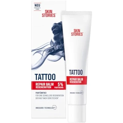 Abbildung von SKIN STORIES Repair Balm (40 ml), beruhigende Tattoo Pflege mit InkGuard Technology® und Panthenol, Creme Bio Kamillenextrakt für eine schnellere Regeneration der Haut nach dem Stechen