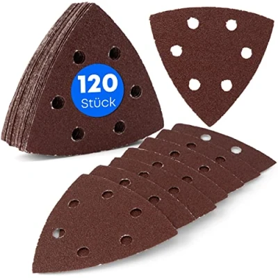 Abbildung von 120 Stück/Delta Schleifdreiecke / 6 Loch 93 x mm/je 20 Korn 40 60 80 180 240 für Deltaschleifer/Schleifblätter/dreieckige Schleifpads/Schleifpapier
