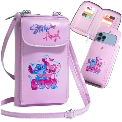 Abbildung von Disney Stitch Umhängetasche Mädchen, Handytasche zum Umhängen mit Kartenfächern &amp; Schultergurt (Rosa)