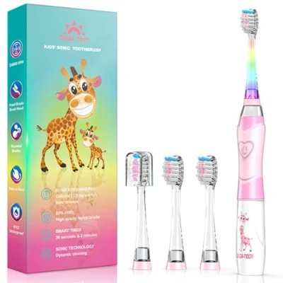 Abbildung von Elektrische Zahnbürste Kinder ab 3 6 8 12 Jahre mit buntem Regenbogen LED Licht Integrierter Timer 90% abgerundeten Borsten Schallzahnbürste für Kleinkind (Kind Rosa)