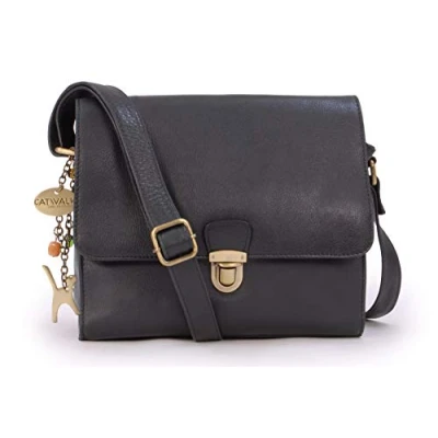 Abbildung von Catwalk Collection Handbags Damen Leder Umhängetasche Crossbody Bag/Handtasche Mittelgroß Verstellbarer Schultergurt DIANA Schwarz
