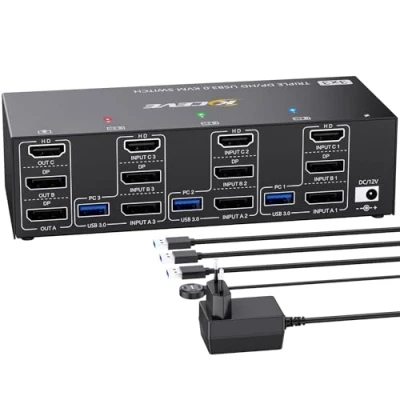 Abbildung von KVM Switch 3 PC Monitore 8K@60Hz 4K@144Hz,Triple Monitor HDMI+2 Displayport für Teilen Monitors und 4 USB3.0 Geräte, mit 12V DC Netzteil, verdrahtet Fernbedienung USB Kabel