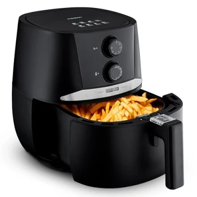 Abbildung von MEDION E20 L Heißluftfritteuse (3,2 Liter Frittierkorb, ca. 1400 Watt, einfache Bedienung, ölfreies Frittieren, 30 Min Timer, Überhitzungsschutz, MD10711) schwarz