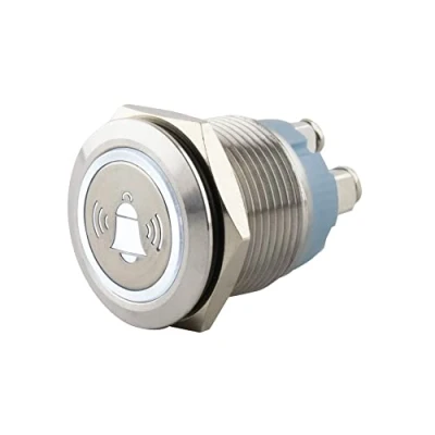Abbildung von SeKi Edelstahl Drucktaster Ø19mm tastend flacher Kopfform farbig beleuchtetem Glocken Symbol in weiss Schraubanschluss; Klingeltaster