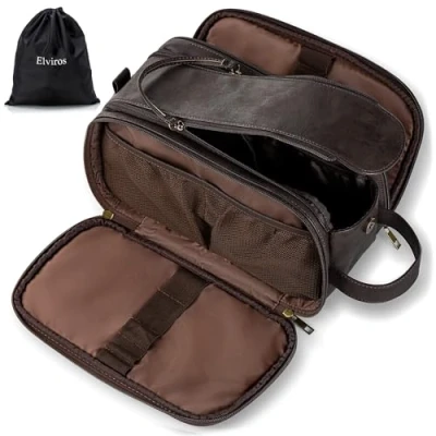 Abbildung von Elviros Kulturbeutel PU Leder für Herren große wasserdichte Reise Kulturtasche Waschtasche, Kosmetiktasche mit einem Nass Trockenbeutel, 30,5 x 17 18 cm, Dunkel Grau