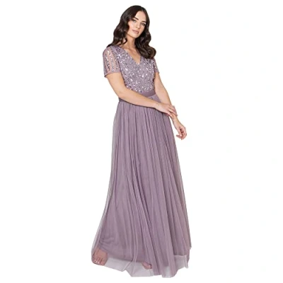 Abbildung von Maya Deluxe Damen Maxi Dress for Women Ladies Braidesmaid V neck Plus Size Ball Gown Short Sleeves Long El Brautjungfernkleid, Moody Lilac, 38 EU