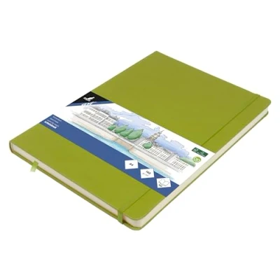 Abbildung von Skizzenbuch Kangaro A4 Lime Green PU Hardcover 80 Blatt 140 Gramm cremefarbenes Papier mit Gummiband und Band