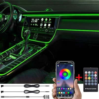 Abbildung von TABEN Auto Umgebungslicht Kit Glasfaser 64 Farben RF Fernbedienung + Bluetooth App Steuerung DIY 16 Millionen RGB Mehrfarbig Soundaktive Musiksynchronisierung Innenraum Atmosphärenbeleuchtung 3 m