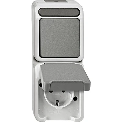 Abbildung von Schneider Electric Merten MEG3497 8029 Kombination Aufputz SCHUKO Steckdose mit Berührungsschutz/ Taster 1 fach, Schließer pol., Schutzkontaktsteckdose, IP44, lichtgrau, AQUASTAR