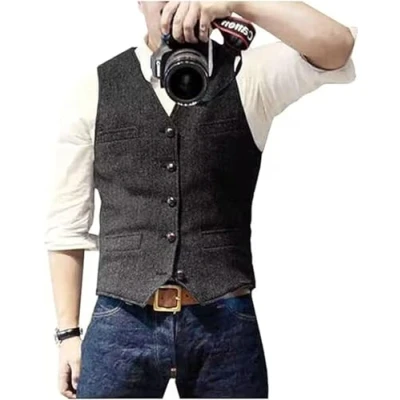 Abbildung von Solovedress Herren Casual Wolle Fischgrätmuster Anzug Weste V Ausschnitt Tweed für Hochzeit Groomsmen(Schwarz,XXL)