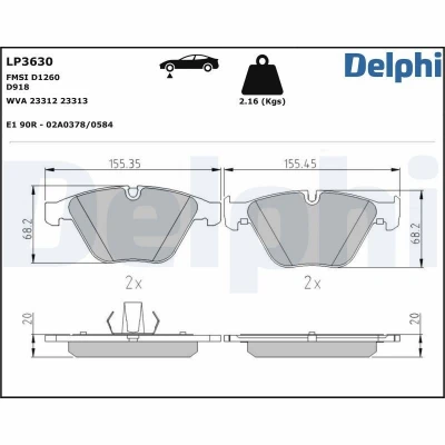 Abbildung von DELPHI LP3630 Bremsbelagsatz für Verschleißwarnanzeiger vorbereitet mit Anti Quietsch Blech ohne Zubehör BMW: 3 Touring, Saloon, 5 Saloon