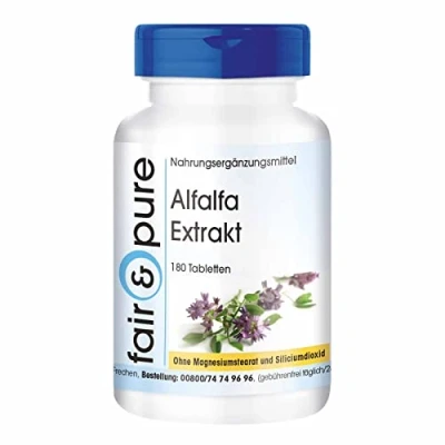 Abbildung von Fair &amp; Pure® Alfalfa Tabletten Extrakt 180 Medicago sativa 1500mg Tagesdosis vegan natürlicher Pflanzenextrakt ohne Magnesiumstearat