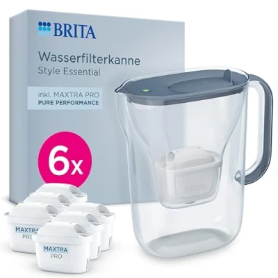 Abbildung von BRITA Wasserfilter Kanne Style Essential steinblau (2,4l) inkl. 6x MAXTRA PRO Pure Performance mit Smart Light LED &amp; Klapp Deckel passt in den Kühlschrank, filtert Verunreinigungen etc.