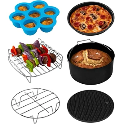 Abbildung von COSORI Heißluftfritteuse Zubehör, Sechsteiliges Zubehörset für 5,5L Fritteusen Air Fyer aller Marken, Backform, Pizza Pan, Grillrost, Dämpfen Rack, Silikonmatte, Muffinform