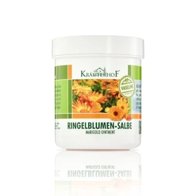 Abbildung von Kräuterhof® Ringelblumen Salbe (100ml) auf Vaseline Basis, Hautschutzmittel &amp; geeignet zur Pflege rauer trockener Hautpartien, Körperpflege für beanspruchte Hände Lippen