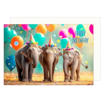 Abbildung von Edition Seidel Premium Geburtstagskarte mit Umschlag. Glückwunschkarte Tier Karte Billet Geburtstag Happy Birthday Mann Frau Coole Elefanten Bunte Ballons Humor Lustig (G3529 SW024)