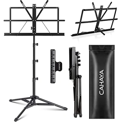 Abbildung von CAHAYA 2 in 1 Dual Use Klappbarer Notenständer &amp; Desktop Buchständer Höhere Version Leichtgewichtig Tragbar Verstellbar mit Tragetasche, Metall Notenklammerhalter CY0305