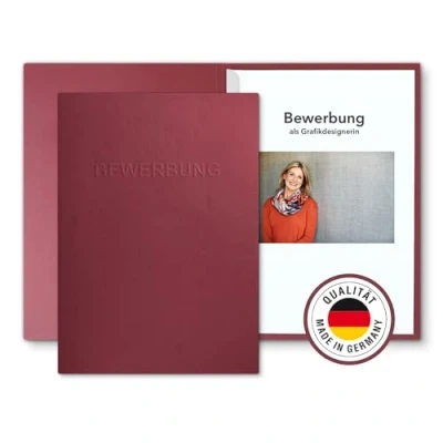 Abbildung von 10 Stück 2 teilige Bewerbungsmappen mit 1 Klemmschiene in feinster Lederstruktur und hochwertiger Prägung „BEWERBUNG“ (Bordeaux, Stück)