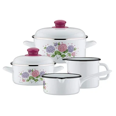 Abbildung von GSW 189972 Kochtopf Set Hortensie 6 tlg, Stahl Emaille, Kunststoff, weiß