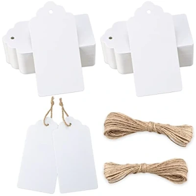 Abbildung von Geschenkanhänger Kraftpapier Anhänger Etiketten 10x5 cm, 100 Stück Tags + 20M Jute Schnur, für Basteln Valentinstag Hochzeits Weihnachts Geschenke (Weiß)