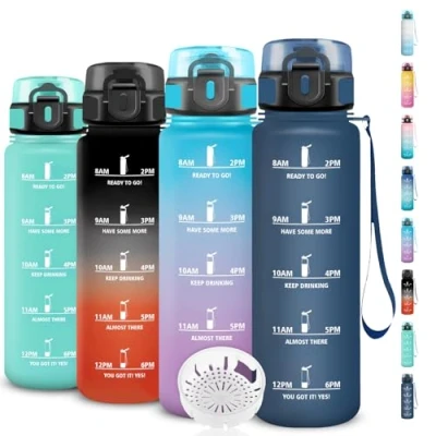 Abbildung von Trinkflasche 1l, Sport, Kohlensäure Geeignet, Auslaufsicher, mit Zeitmarkierung, Leicht zu Reinigen, Flasche Erwachsene für Fitness, Schule, Reisen