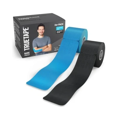 Abbildung von TRUETAPE® Kinesiotape BASIC Precut 2x 20 Streifen (25 cm x 5 cm) Vorgeschnittene Kinesiotapes Wasserfestes &amp; Elastisches Physiotape für Alltag Sport Blau Schwarz