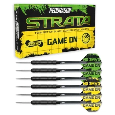 Abbildung von RED DRAGON Strata Game On Dart Set 20 Gramm Black Steel Tip Darts mit Flüge und Nylon Schäfte