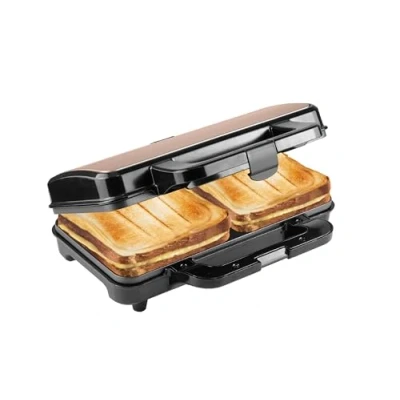 Abbildung von Bestron XL Sandwichmaker, Sandwich Toaster für 2 Sandwiches in Muschelform, ideal American Sandwich, inkl. automatischer Temperaturregelung &amp; Bereitschaftsanzeige, Farbe: Schwarz,Kupfer