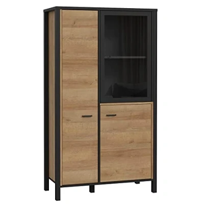Abbildung von FORTE HIGH ROCK Vitrine mit 2 Türen und 1 Glastür, Holzwerkstoff, Schwarz / Riviera Eiche, 86.3 x 152.3 40.2 cm