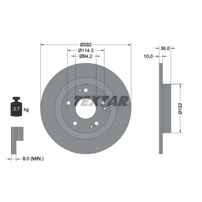 Abbildung von TEXTAR 92301303 Bremsscheibe 282 10 05/08 114,3 voll beschichtet ohne Radlager, Radbefestigungsbolzen, Radnabe HONDA: CIVIC