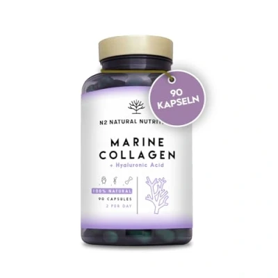 Abbildung von Kollagen Hochdosiert mit Vitamin C + Hyaluron Magnesium. 90 Kapseln. 45 Tage. Marine Collagen PEPTAN Hyaluronsäure für Haut, Haare und Gelenke. Glutenfrei. CE. N2 Natural Nutrition