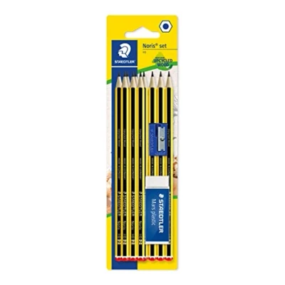 Abbildung von STAEDTLER Bleistift Noris 120 Set mit 10 x Bleistifte Made from Upcycled Wood in Härtegrad HB, 1 Mars Plastic Radierer und Spitzer, hohe Qualität Germany, 120S1BK10D