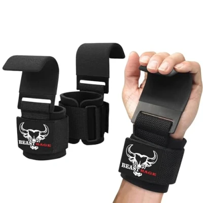 Abbildung von BEAST RAGE Gewichtheberhaken, rutschfeste, gummibeschichtete Griffhaken für das Handgelenk, Zughilfen, Handgelenkstütze, gepolstertes Neopren, Powerlifting, Langhantelrudern, Kreuzheben, Turngurte